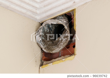 Old flexible aluminum ventilation duct with dust close up Old flexible aluminum ventilation duct with dust close up 96639742