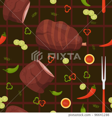 Seamless pattern with barbecue meat. Grilled beef and fried pork leg with sauce, chili and lime on dark background. Grilled latin american popular meat food. Vector illustration Seamless pattern with barbecue meat. Grilled beef and fried pork leg with sauce, chili and lime on dark background. Grilled latin american popular meat food. Vector illustration 96641286