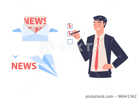 Promotion with Man Character Engaged in Marketing and Advertisement Campaign Ticking Checkbox Vector Set 96641362