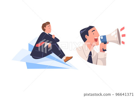 Promotion with Man Character Engaged in Marketing and Advertisement Campaign Shouting in Megaphone and Flying on Paper Plane Vector Set 96641371