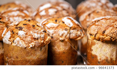 Italian Panettone bread, Christmas festive dessert. Close up Italian Panettone bread, Christmas festive dessert. Close up 96641373
