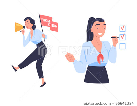 Promotion with Woman Character Engaged in Marketing and Advertisement Campaign with Megaphone and Ticking Checkbox Vector Set 96641384