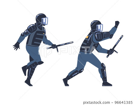Riot Police Officer and Squad Member in Uniform and Helmet with Baton Fighting Vector Set 96641385