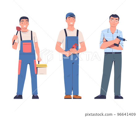 Man Plumber and Electrician in Uniform with Plunger and Toolbox Vector Set 96641409