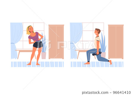 Man and Woman Character Doing Sport at Home Vector Set 96641410