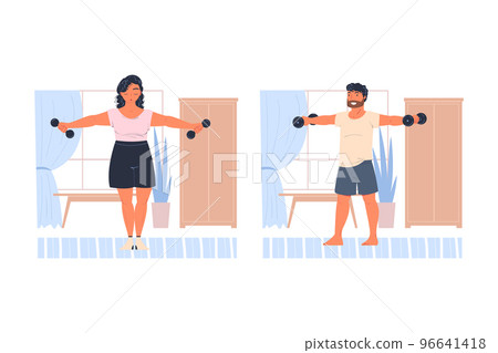 Man and Woman Character Doing Sport at Home with Dumbbells Vector Set 96641418
