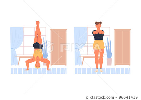 Man and Woman Character Doing Sport at Home Vector Set 96641419