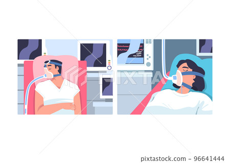 Young Man and Woman Patient in Hospital Lying on Bed with Mask Having Artificial Lung Ventilation Being in Critical Condition Vector Set 96641444
