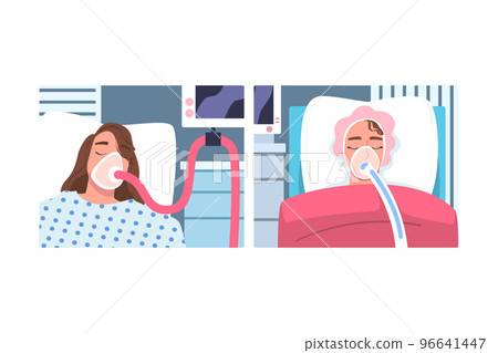 Young Woman Patient in Hospital Lying on Bed with Mask Having Artificial Lung Ventilation Being in Critical Condition Vector Set 96641447