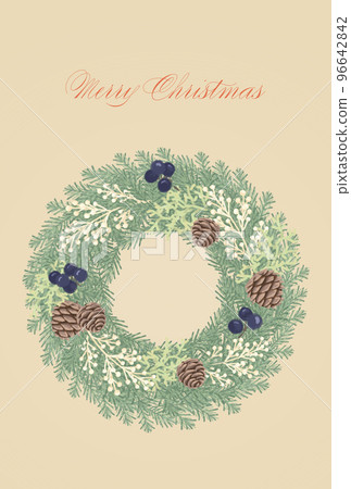 Illustration for a postcard of a wreath with traditional Christmas plants Illustration for a postcard of a wreath with traditional Christmas plants 96642842