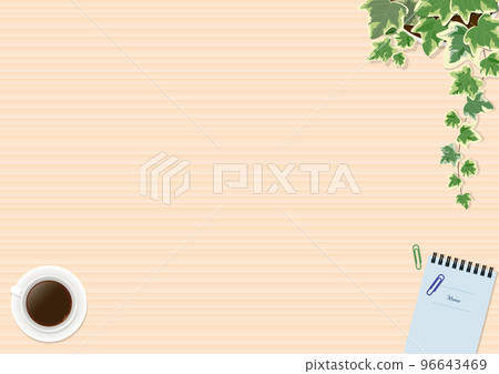 Ivy potted plant and coffee, notepad wood grain background Ivy potted plant and coffee, notepad wood grain background 96643469