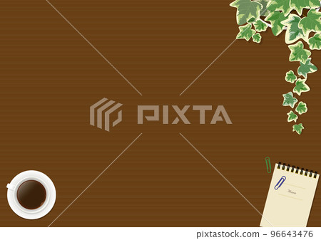 Ivy potted plant and coffee, notepad wood grain background (dark wood grain) Ivy potted plant and coffee, notepad wood grain background (dark wood grain) 96643476