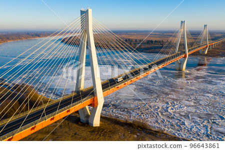Flight over cable-stayed bridge over the Oka River Flight over cable-stayed bridge over the Oka River 96643861