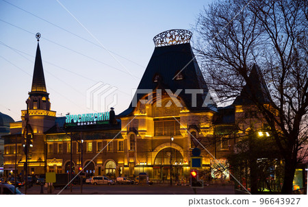 Night view of the building of Yaroslavl railway station. Russia. Large letters on the facade - the inscription Yaroslavsky Station Night view of the building of Yaroslavl railway station. Russia. Large letters on the facade - the inscription Yaroslavsky Station 96643927