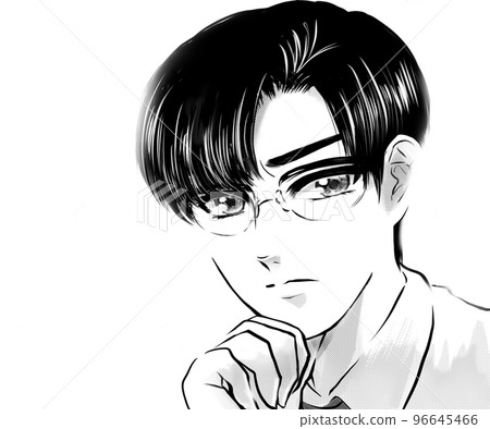 Monochrome girl cartoon-style illustration of a handsome black-haired young doctor wearing glasses with a dubious expression 96645466