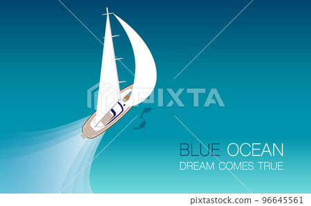 一艘帆船的插圖，上面有大白帆，在清澈的藍色大海中與海豚一起舒適地航行 96645561