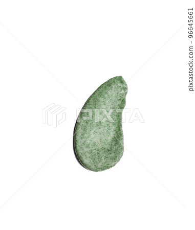 Creamy natural green scrub on white Isolated background. Swatch. Liquid cosmetic, smudge texture Creamy natural green scrub on white Isolated background. Swatch. Liquid cosmetic, smudge texture 96645661