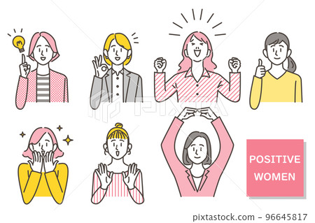 A set of young women with a positive expression (happy, happy, OK, guts pose) [vector illustration material] 96645817