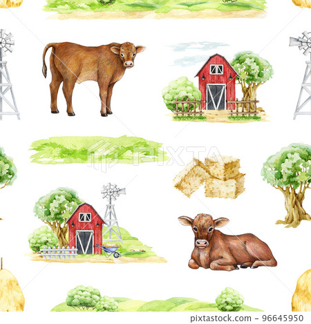 Country life farm elements seamless pattern. Hand drawn cow, red barn, tree, windmill, green meadow, hay, house elements. Countryside village life seamless pattern. White background Country life farm elements seamless pattern. Hand drawn cow, red barn, tree, windmill, green meadow, hay, house elements. Countryside village life seamless pattern. White background 96645950