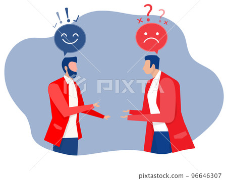 Two business people different thinking between blue plus and red minus signs in speech bubbles. Positive and negative concept vector illustrator 96646307