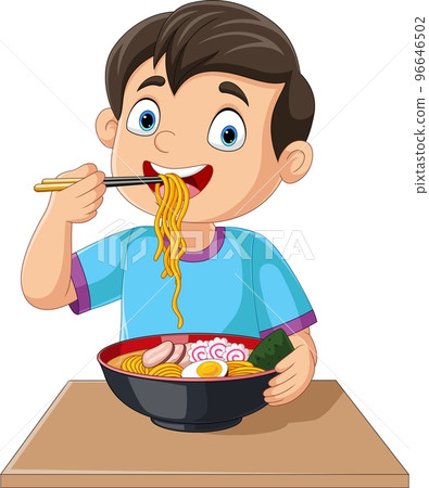 Cartoon little boy eating ramen noodle - Stock Illustration [96646502 ...