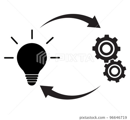 Implementation icon on white background. Light bulb with gear and circulating arrows. Cycle symbol symbol. Flat style. 96646719