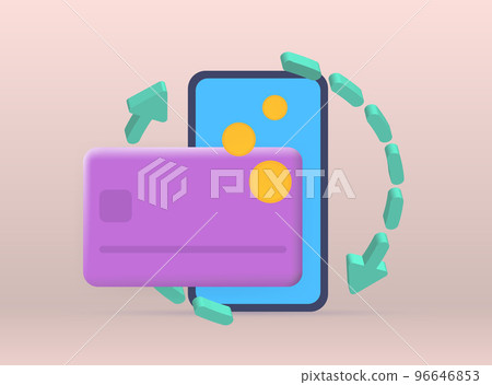 Cashback loyalty program 3d vector illustration concept. Bank card, arrows, smartphone and coins on pastel background. Retail customer money refund service 96646853