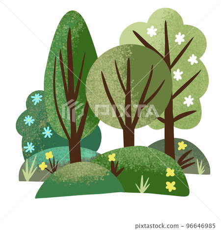 Hand drawn illustration of summer spring forest wood trees with flowers. Green nature landscape grass branches floral background, camping outdoor background, ecology environment floiage. 96646985