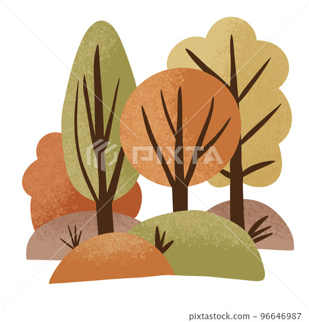Hand drawn illustration of fall autumn forest wood trees. Orange yellow woodland landscape grass bush branches, camping outdoor park activity background, ecology environment. 96646987