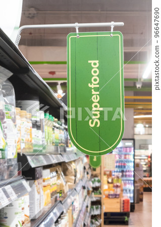 Signage word of Superfood in supermarket grocery aisle Signage word of Superfood in supermarket grocery aisle 96647690