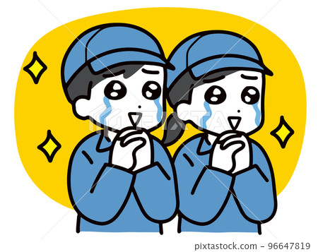 Young men and women in work clothes crying and rejoicing (upper body) 96647819