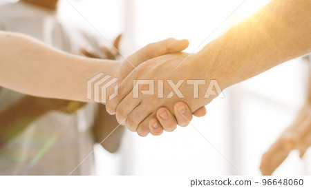 close up. two comrades shaking hands, standing in a circle of friends close up. two comrades shaking hands, standing in a circle of friends 96648060