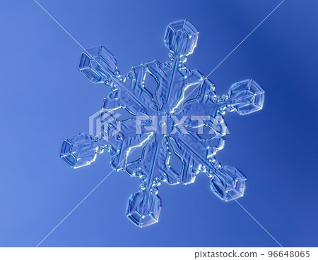 Snowflake on smooth gradient background. Macro photo of real snow crystal on glass surface. This is small snowflake crystal with unusual pattern Snowflake on smooth gradient background. Macro photo of real snow crystal on glass surface. This is small snowflake crystal with unusual pattern 96648065