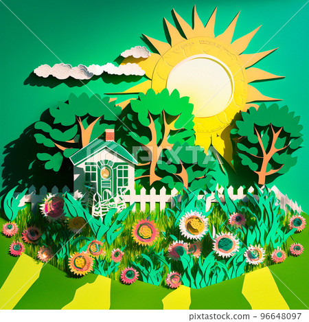multi-layered crafts made of paper. Sun, flowers and a green garden 96648097