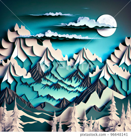 multi-layered crafts made of paper. Mountains, trees, forest and clouds multi-layered crafts made of paper. Mountains, trees, forest and clouds 96648141