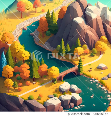 isometric image of the nature of a reservoir and houses in the mountains isometric image of the nature of a reservoir and houses in the mountains 96648146
