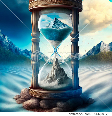 A magical hourglass with unusual sand in which time has stopped. In mountains A magical hourglass with unusual sand in which time has stopped. In mountains 96648176
