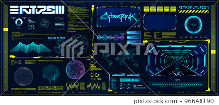 Retro wave cyberpunk with HUD interface elements and 3D shapes 96648190