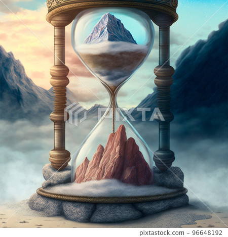 A magical hourglass with unusual sand in which time has stopped. In mountains 96648192