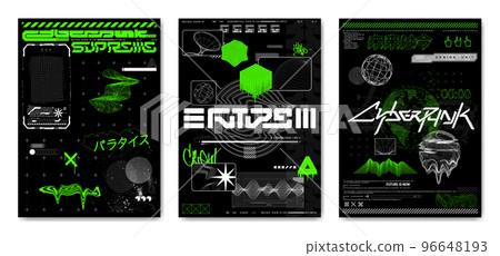 Retro futuristic posters in cyberpunk style. Glitch template for merch 96648193