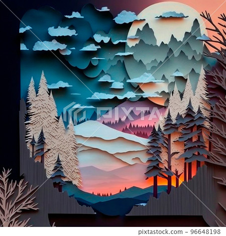 multi-layered crafts made of paper. Mountains, trees, forest and clouds 96648198