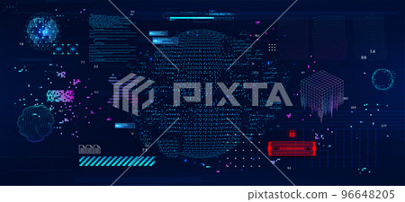 Internet connection in dot and pixel illustration with code elements and HUD interface 96648205