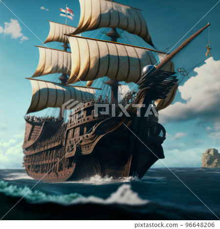 view from the deck of a ship with masts and sails view from the deck of a ship with masts and sails 96648206
