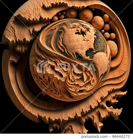 Planet Earth with reservoirs and continents carved out of wood Planet Earth with reservoirs and continents carved out of wood 96648273