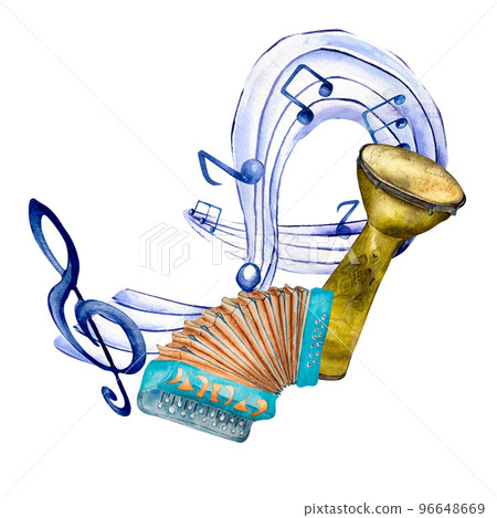Musical notes and folk musical instrument watercolor illustration on white. Musical notes and folk musical instrument watercolor illustration on white. 96648669