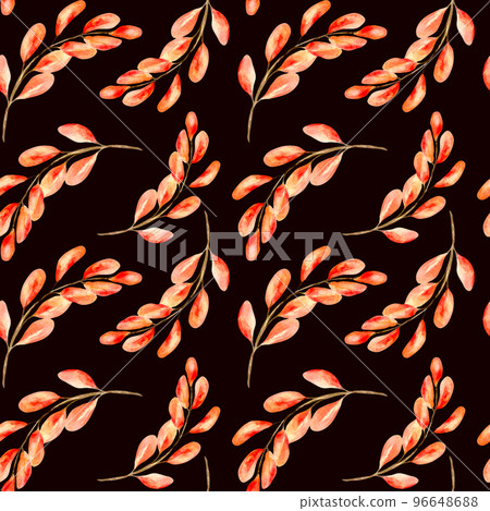Colorful autumn branch watercolor seamless pattern on dark. 96648688