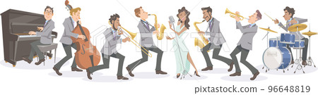 Jazz singers and jazz musicians performing enthusiastically on a white background 96648819