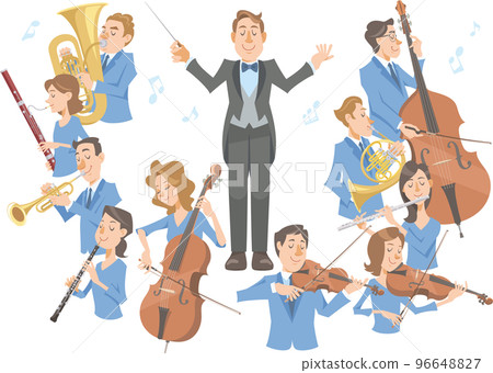 在白色背景上表演的管弦樂隊指揮在中央指揮 在白色背景上表演的管弦樂隊指揮在中央指揮 96648827