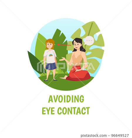 Avoiding eye contact autism weird behavior in child, flat vector isolated. Avoiding eye contact autism weird behavior in child, flat vector isolated. 96649527