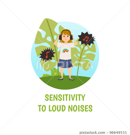 Upset little girl in headphones flat style, vector illustration 96649531
